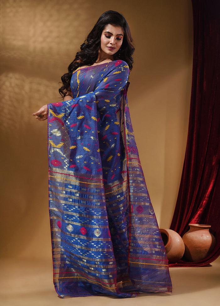 Blue Tant Jamdani Saree With Blouse Piece - Indian Silk House Agencies