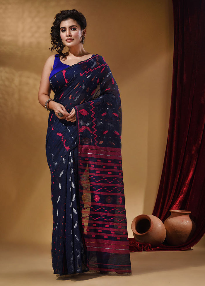 Navy Blue Tant Jamdani Saree With Blouse Piece - Indian Silk House Agencies