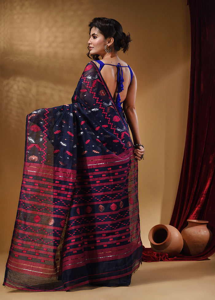 Navy Blue Tant Jamdani Saree With Blouse Piece - Indian Silk House Agencies