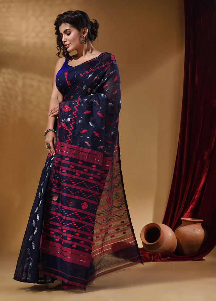 Navy Blue Tant Jamdani Saree With Blouse Piece - Indian Silk House Agencies