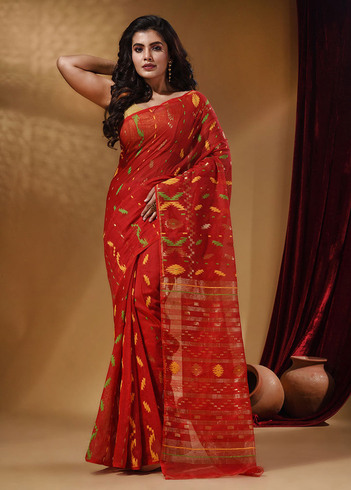 Red Tant Jamdani Saree With Blouse Piece - Indian Silk House Agencies