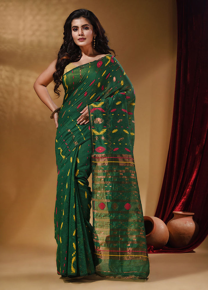 Green Tant Jamdani Saree With Blouse Piece - Indian Silk House Agencies