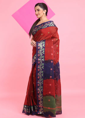 Red Cotton Woven Work Saree Without Blouse Piece