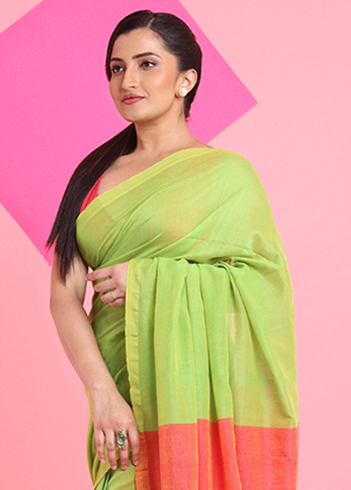 Parrot Green Cotton Saree With Blouse Piece