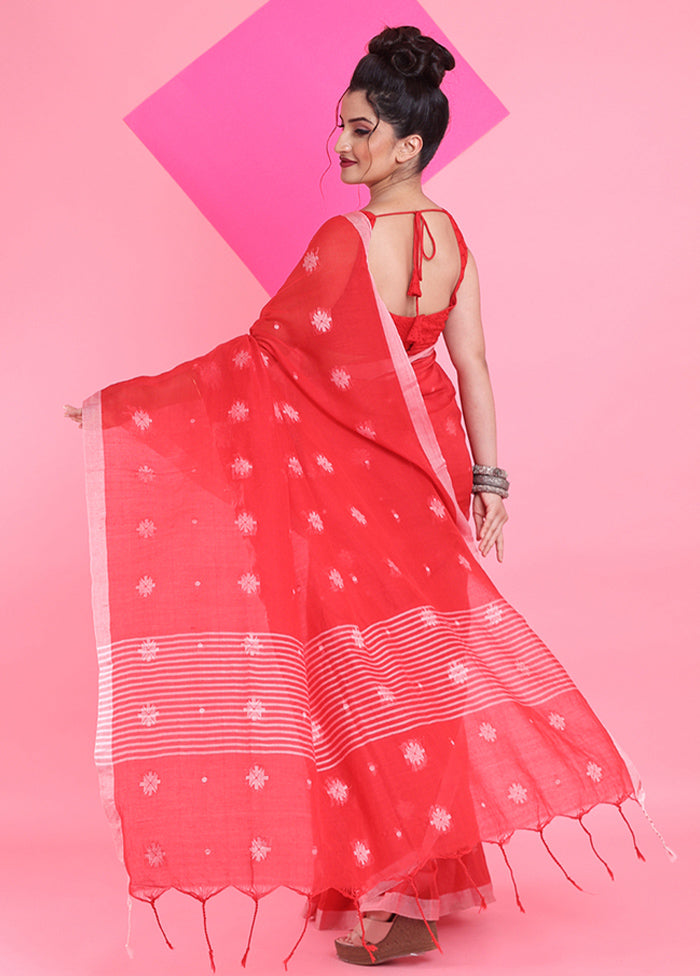 Red Cotton Saree With Blouse Piece