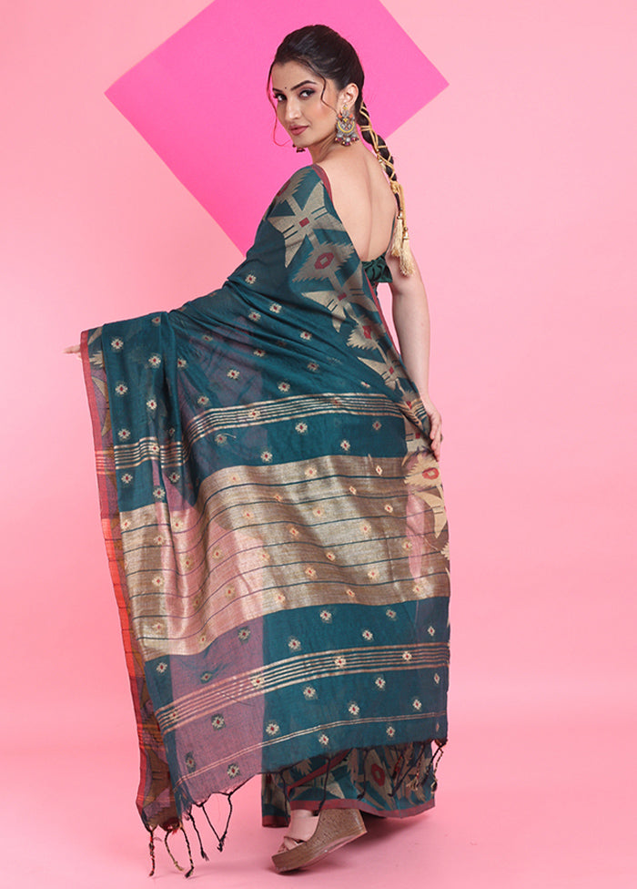 Teal Cotton Saree With Blouse Piece