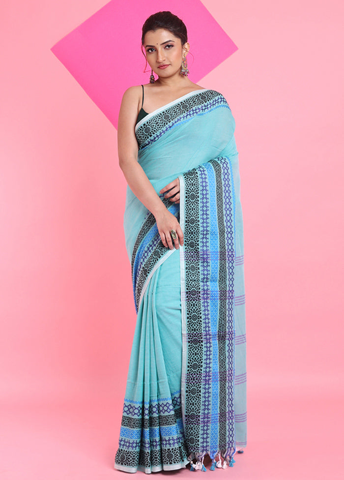 Sea Green Cotton Saree With Blouse Piece