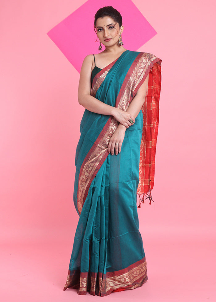 Teal Cotton Saree With Blouse Piece