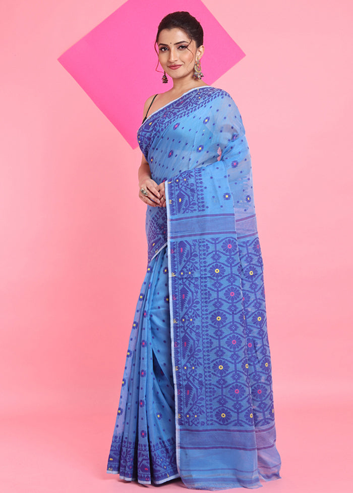 Sky Blue Cotton Woven Work Saree Without Blouse Piece