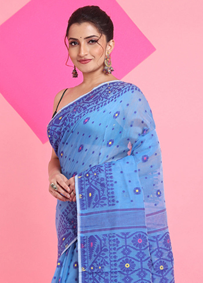 Sky Blue Cotton Woven Work Saree Without Blouse Piece