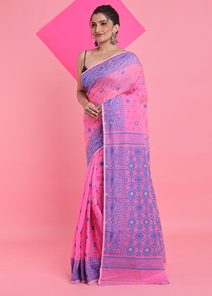 Pink Cotton Woven Work Saree Without Blouse Piece