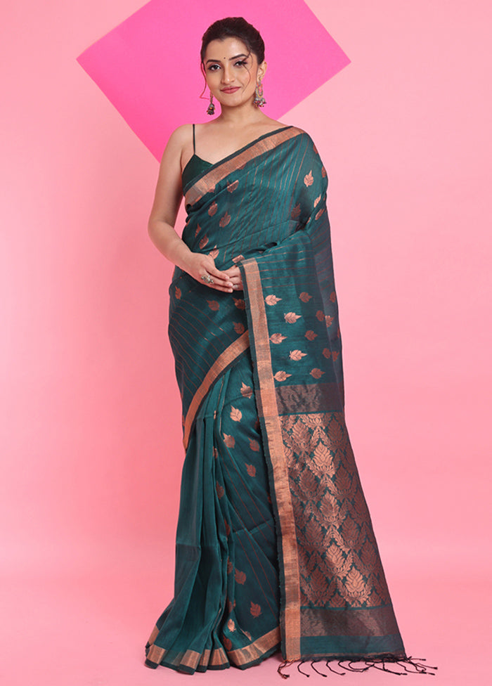 Teal Linen Silk Saree With Blouse Piece