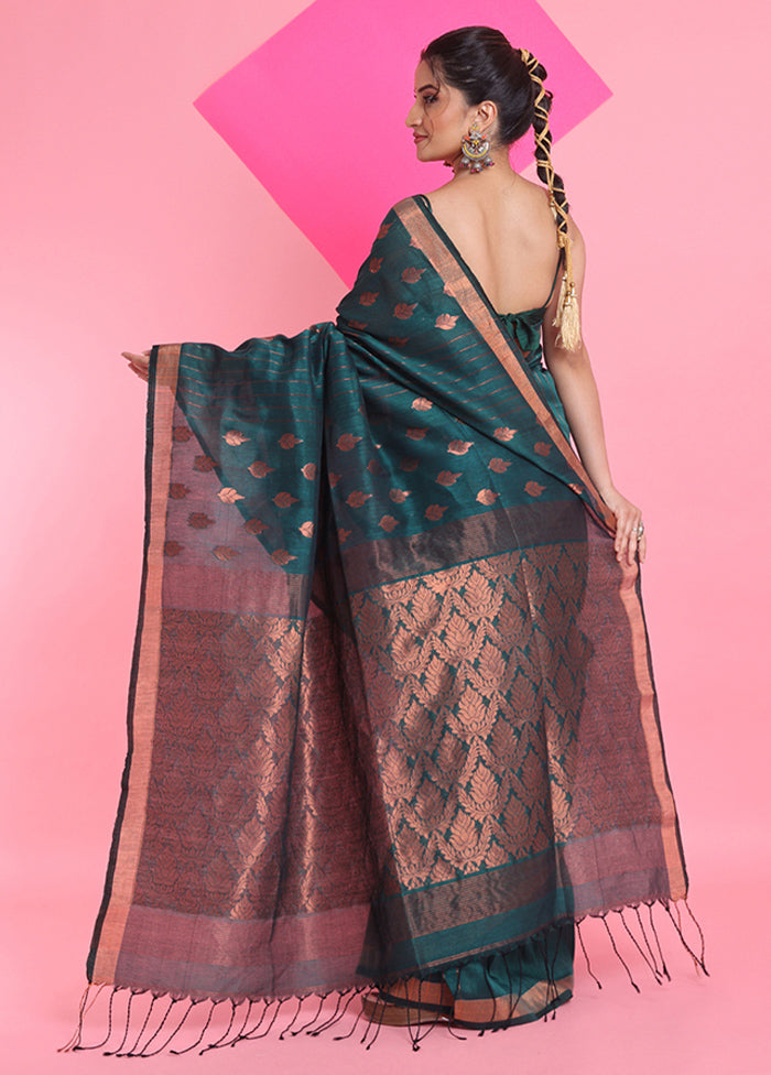 Teal Linen Silk Saree With Blouse Piece