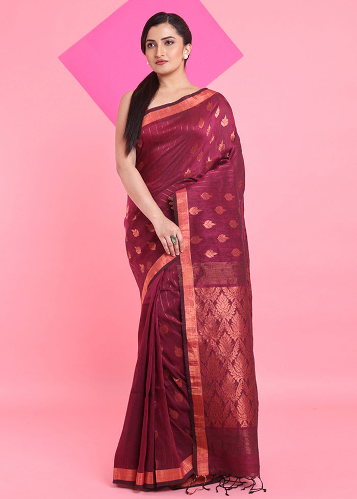 Magenta Linen Silk Saree With Blouse Piece