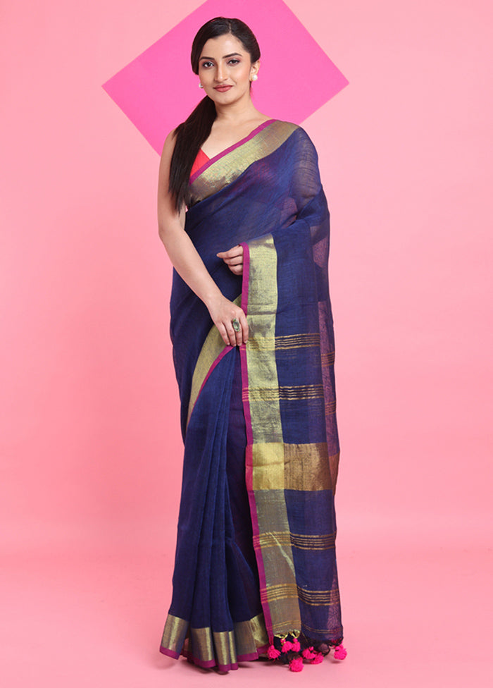 Blue Linen Silk Saree With Blouse Piece