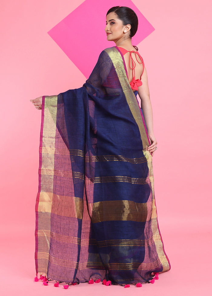 Blue Linen Silk Saree With Blouse Piece