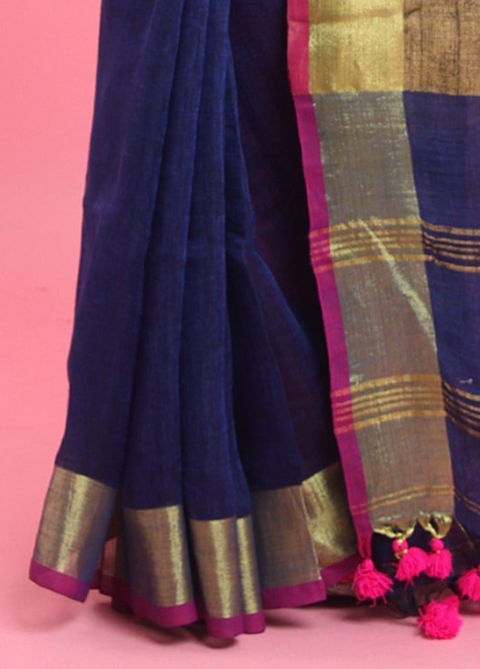 Blue Linen Silk Saree With Blouse Piece