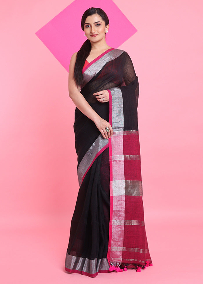 Black Linen Silk Saree With Blouse Piece