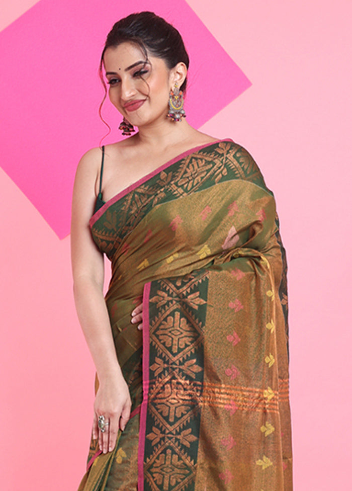 Green Spun Silk Saree With Blouse Piece