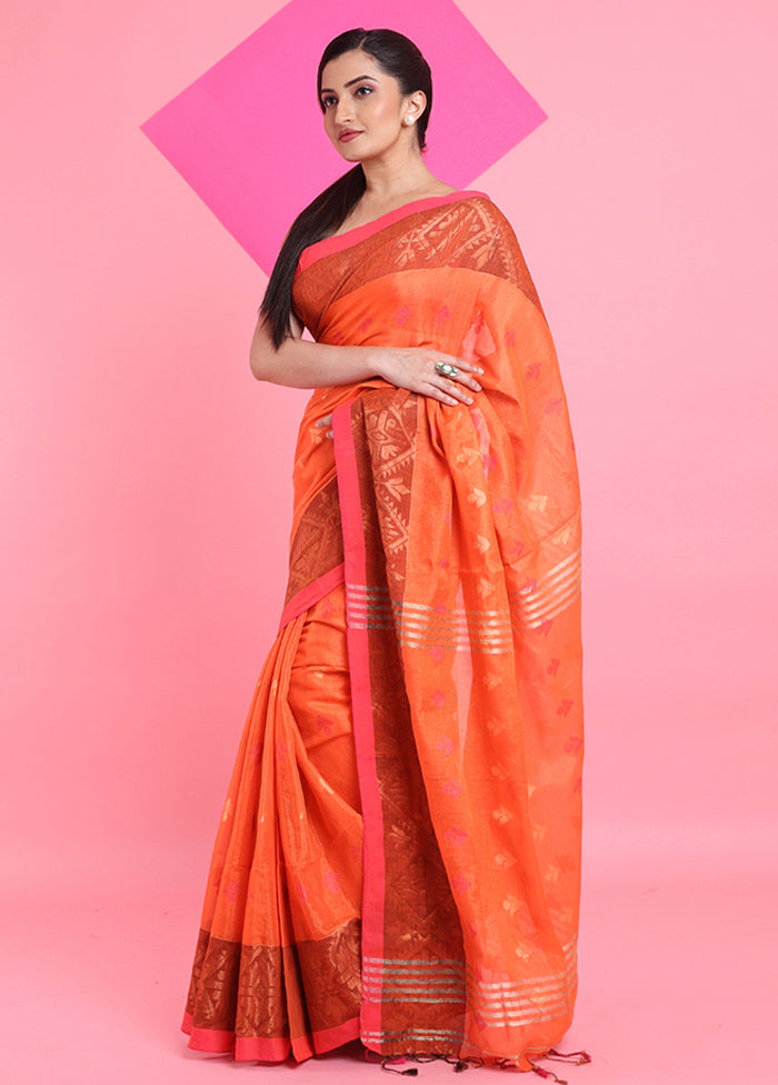 Orange Spun Silk Saree With Blouse Piece