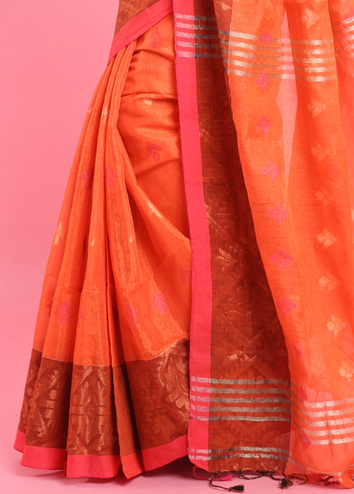 Orange Spun Silk Saree With Blouse Piece