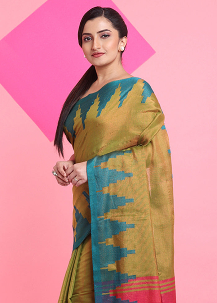 Olive Green Spun Silk Saree With Blouse Piece