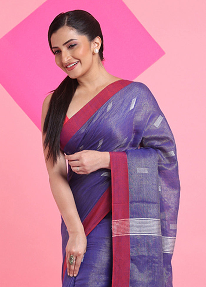 Blue Spun Silk Saree With Blouse Piece