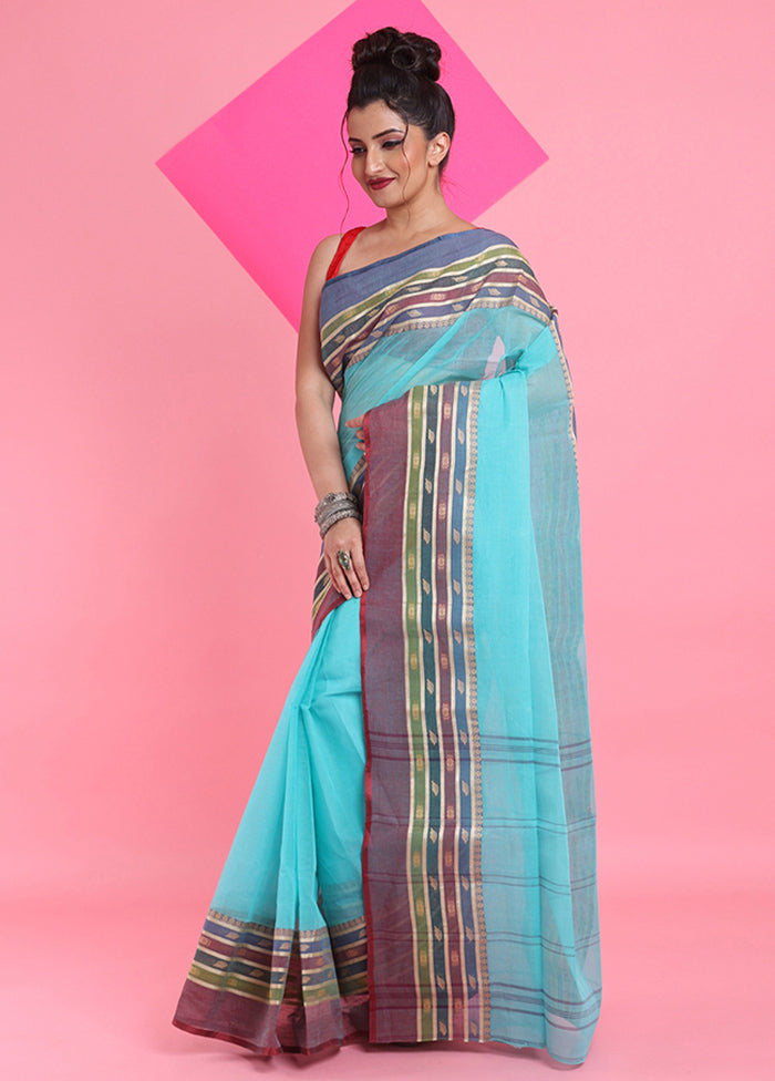 Sea Green Cotton Woven Work Saree Without Blouse Piece