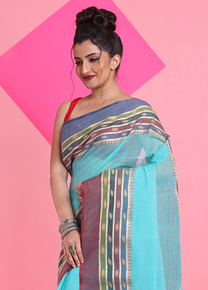 Sea Green Cotton Woven Work Saree Without Blouse Piece