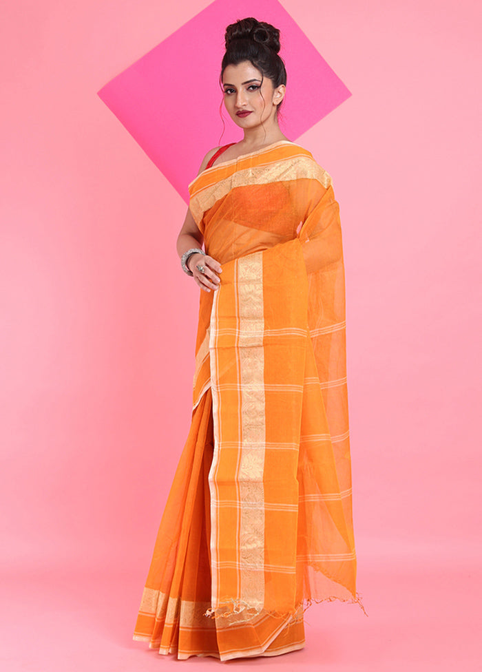 Orange Cotton Woven Work Saree Without Blouse Piece