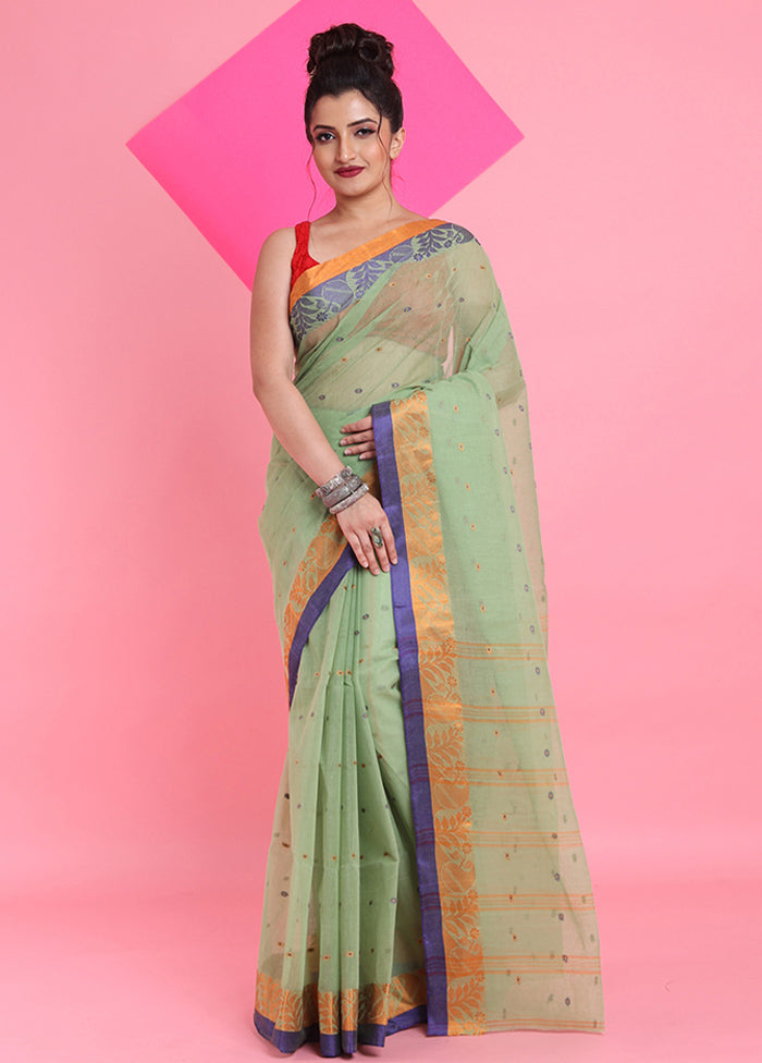 Green Cotton Woven Work Saree Without Blouse Piece