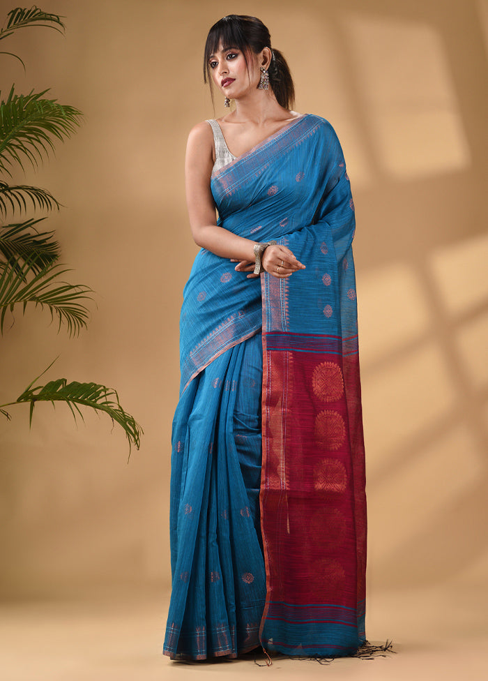 Blue Cotton Saree With Blouse Piece - Indian Silk House Agencies