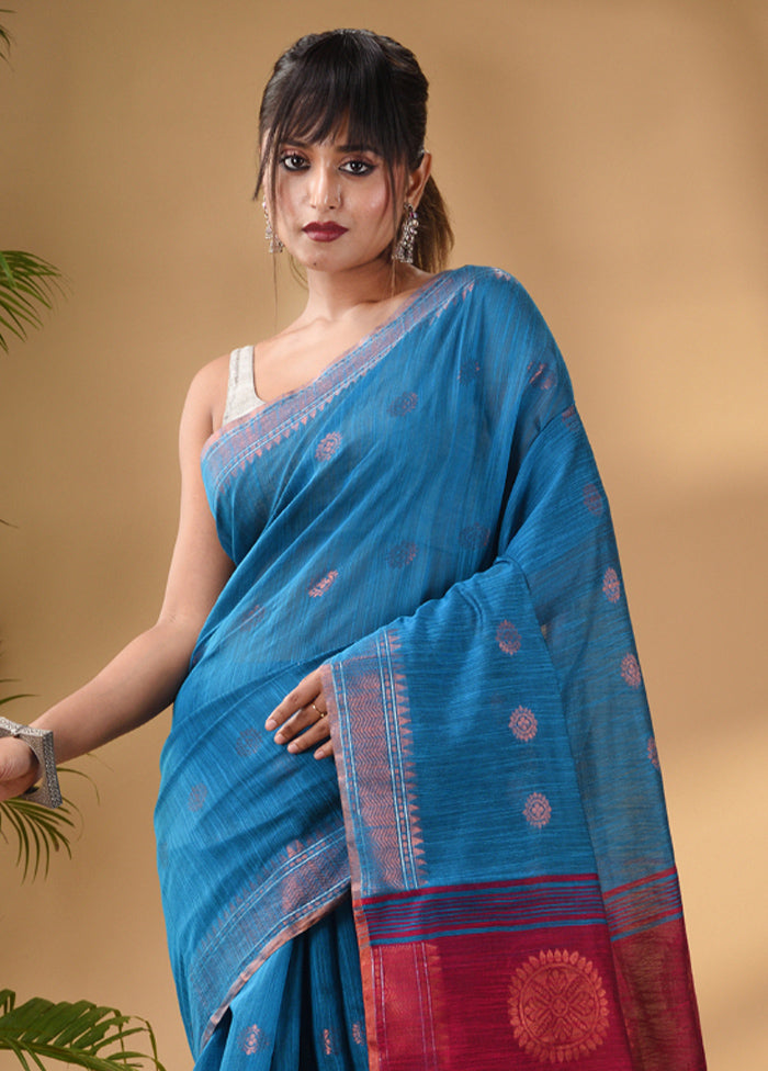 Blue Cotton Saree With Blouse Piece - Indian Silk House Agencies