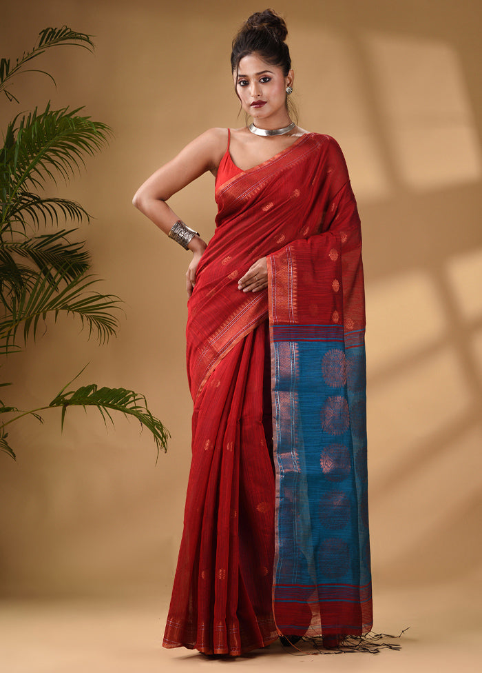 Red Cotton Saree With Blouse Piece - Indian Silk House Agencies