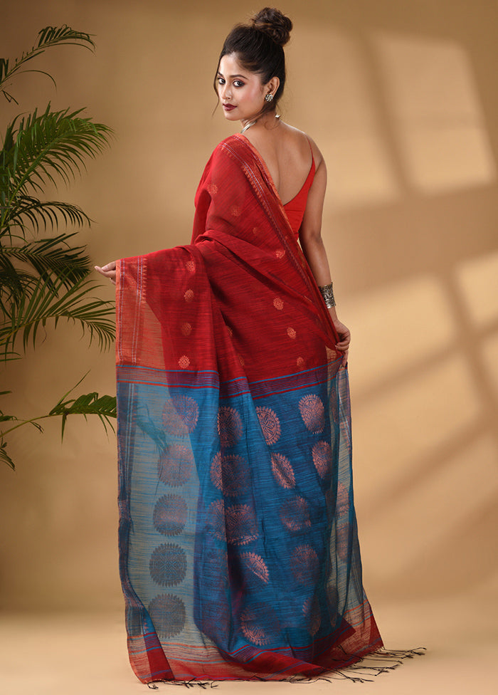 Red Cotton Saree With Blouse Piece - Indian Silk House Agencies