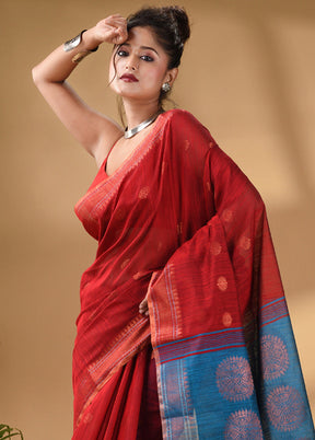 Red Cotton Saree With Blouse Piece - Indian Silk House Agencies