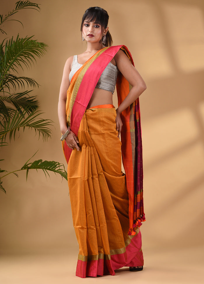 Mustard Cotton Saree With Blouse Piece - Indian Silk House Agencies