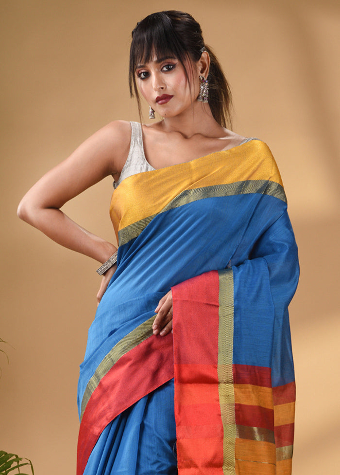 Blue Cotton Saree With Blouse Piece - Indian Silk House Agencies