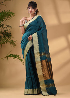 Teal Pure Cotton Saree With Blouse Piece - Indian Silk House Agencies