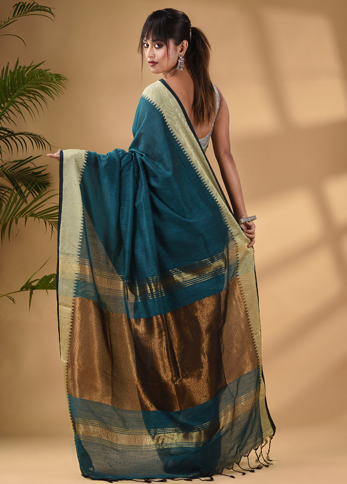 Teal Pure Cotton Saree With Blouse Piece - Indian Silk House Agencies