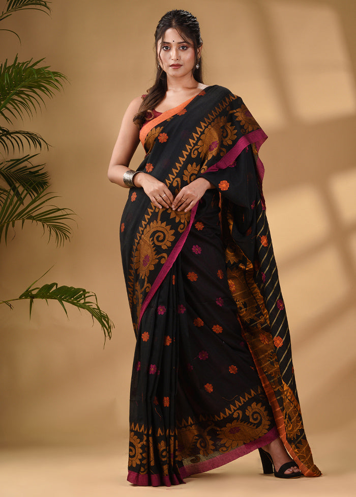 Black Pure Cotton Saree With Blouse Piece - Indian Silk House Agencies