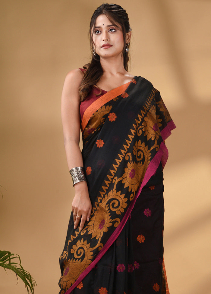 Black Pure Cotton Saree With Blouse Piece - Indian Silk House Agencies