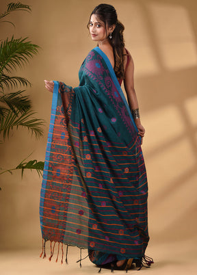 Teal Pure Cotton Saree With Blouse Piece - Indian Silk House Agencies