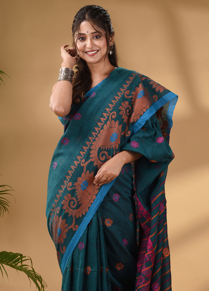 Teal Pure Cotton Saree With Blouse Piece - Indian Silk House Agencies