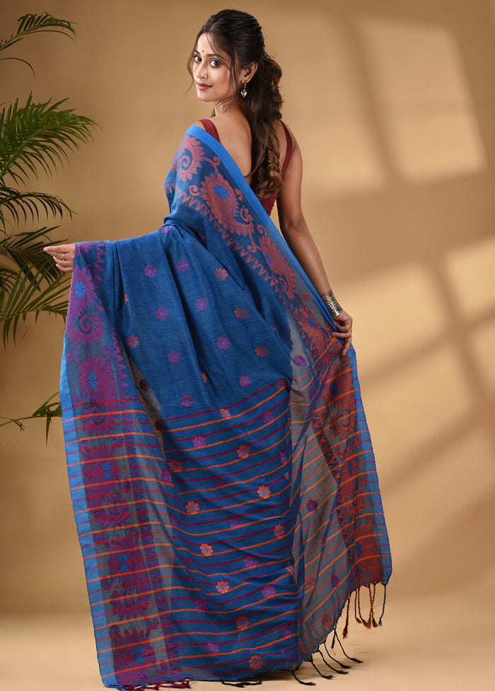 Blue Pure Cotton Saree With Blouse Piece - Indian Silk House Agencies