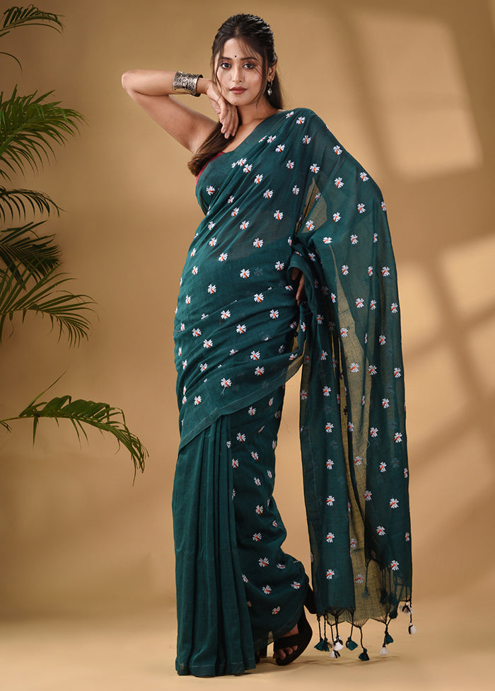 Teal Pure Cotton Saree With Blouse Piece - Indian Silk House Agencies