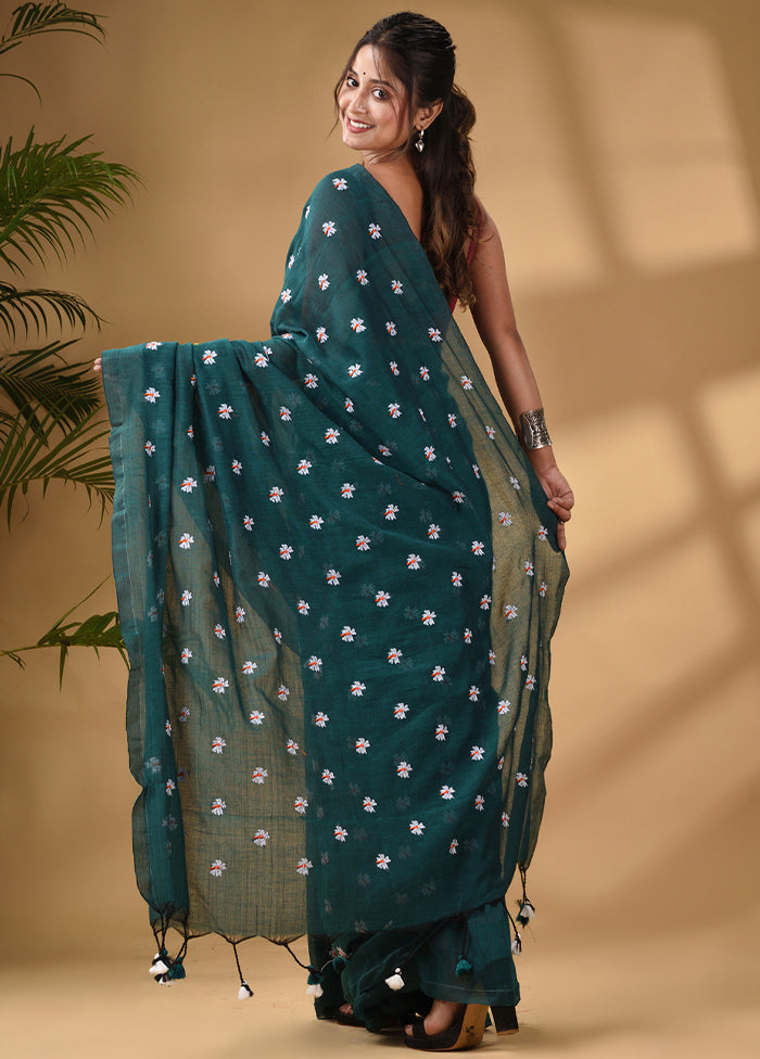 Teal Pure Cotton Saree With Blouse Piece - Indian Silk House Agencies