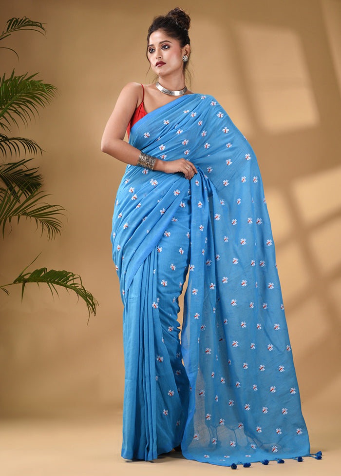 Blue Pure Cotton Saree With Blouse Piece - Indian Silk House Agencies