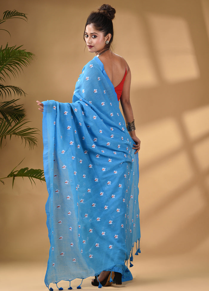 Blue Pure Cotton Saree With Blouse Piece - Indian Silk House Agencies