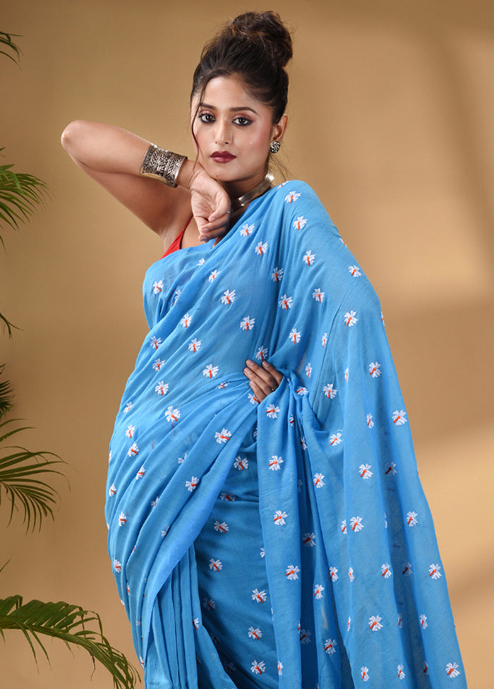 Blue Pure Cotton Saree With Blouse Piece - Indian Silk House Agencies